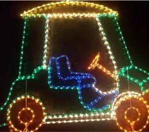 Bright golf cart decoration at night