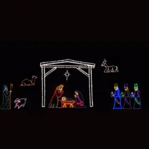 Illuminated nativity display at night