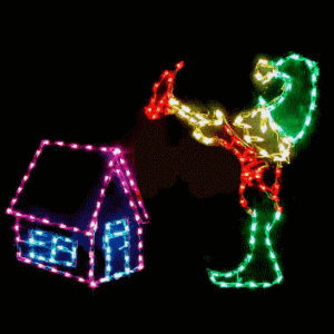 Colorful light display of elf and house